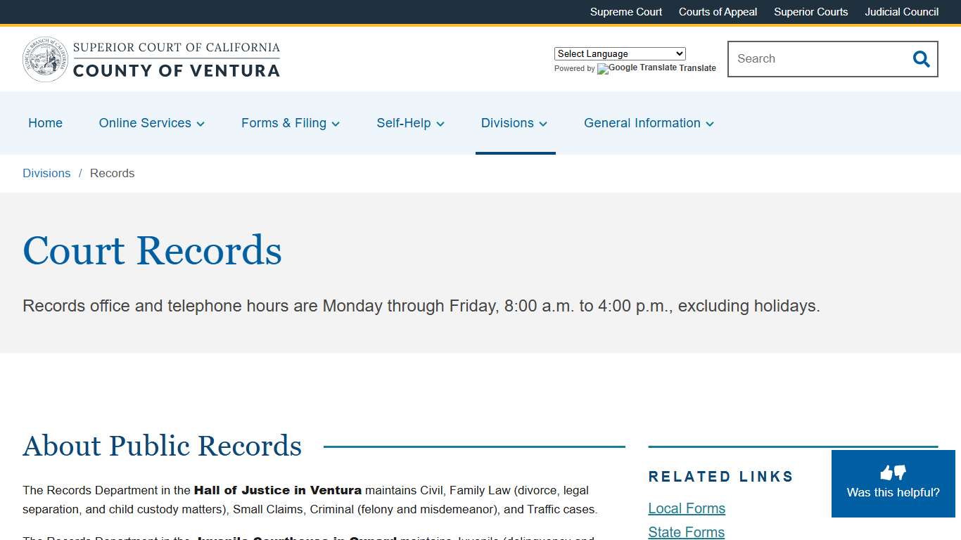 Records Superior Court of California County of Ventura